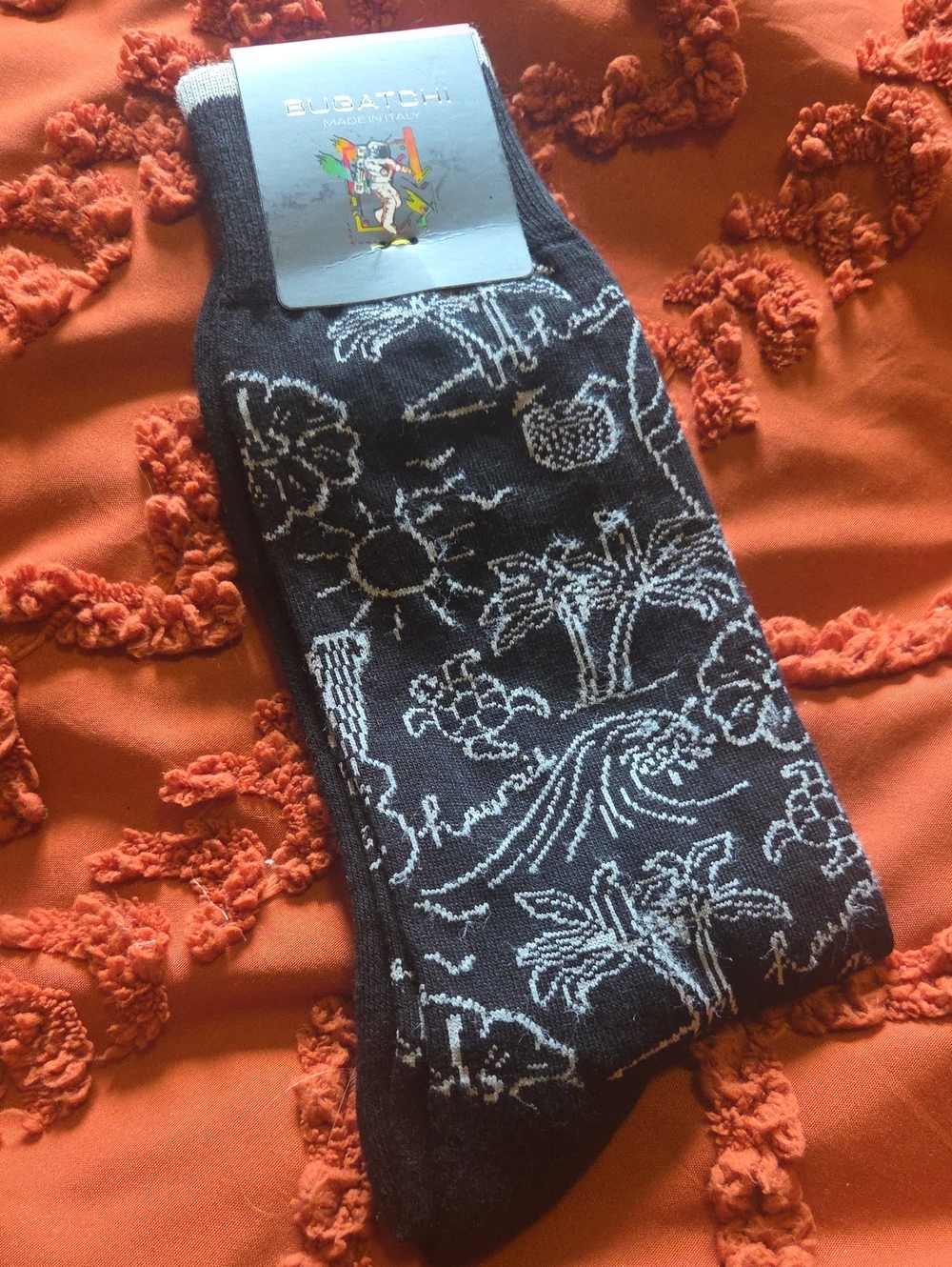 Bugatchi Black Crew Socks with White Tropical Motif
